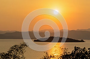 High angle view beautiful lake and island at sunset