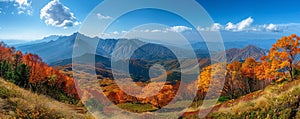 High-angle view of a beautiful mountain range in autumn, high-angle mountain view, vibrant fall foliage