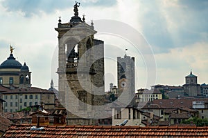 High angle view of Bergamo Citta Alta skyline with medieval towers, Lombardy, Italy