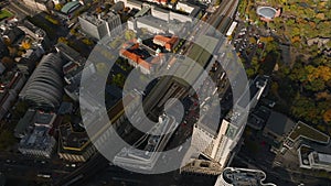 High angle view of Berlin Zoologischer Garten railway station and busy streets around. Charlottenburg neighbourhood