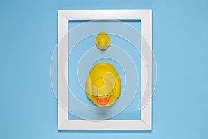 High angle view of big and small yellow rubber ducks framed on plain blue background