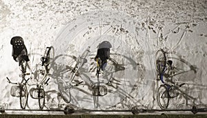 High angle view of parked bikes in winter