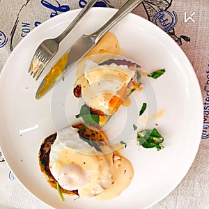 High angle view of breakfast Eggs Benedict