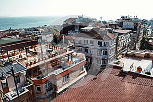 high angle view of buildings against sky during sunset