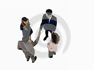 High angle view of business partners shaking hands on white background