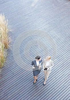 High angle view of businesswomen discussing while walking on floorboard