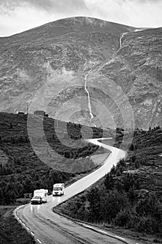 high angle view of camper vans on road in Sognefjell Norway photo