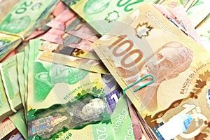 High Angle View of Canadian Banknotes of Different Values