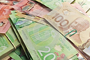 High Angle View of Canadian Banknotes of Different Values