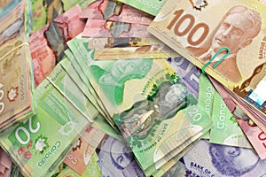 High Angle View of Canadian Banknotes of Different Values