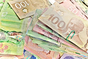 High Angle View of Canadian Banknotes of Different Values