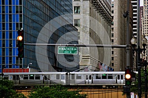High angle view of Chicago`s elevated green line train and track on Lake and LaSalle Streets in Chicago Loop.