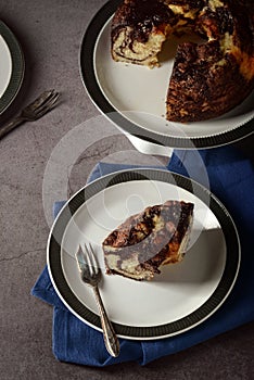 High angle view chocolate marble pound cake with fork