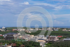 High angle view of the Cimei Lighthouse with some residence