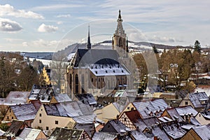 High angle view of the city Meisenheim in winter with snow