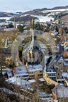 High angle view of the city Meisenheim in winter with snow