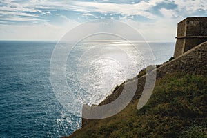 High angle view of cliffs and Atlantic ocean at Cabo De Sao Vincente, Portugal
