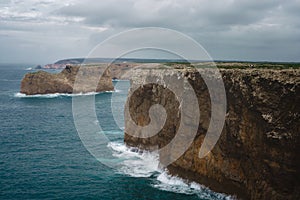 High angle view of cliffs and Atlantic ocean at Cabo De Sao Vincente, Portugal