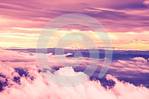 High angle view. Cloud mountain sky. Evening light