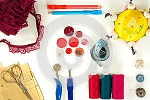 High angle view of a collection of sewing items