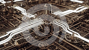 Intricate Cybernetic Core with Glowing Data Streams and Complex Machinery