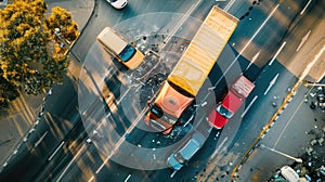 High angle view of dangerous car accident on road, truck, top view of collision.