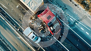 High angle view of dangerous car accident on road, truck, top view of collision.