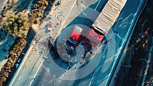 High angle view of dangerous car accident on road, truck, top view of collision.