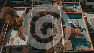 High angle view of dirty city street with old buildings generated by AI