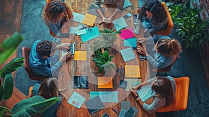 Diverse group of people collaborating around a wooden table