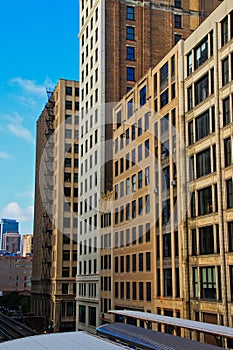 High angle view of elevated train on track at station located at Adams & Wabash in Chicago`s South Loop.