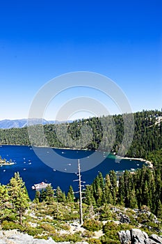 High angle view Emerald Bay, Lake Tahoe, California freshwater l