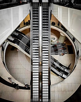 High angle view of an escalator in a shopping center in Bucharest, Romania