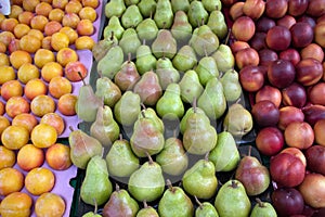 High angle view of f ruits on display on a market stall, London, UK.