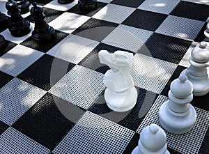 High angle view of giant checkered plastic mat with Black and White big Chess figures for playing on the ground board, chess