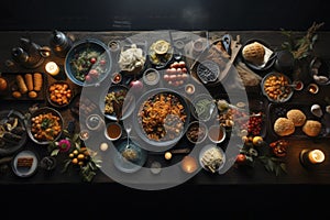 High Angle View of Grilled Meal of Steak, Chicken and Vegetables Spread Out on Rustic Wooden Table at a diner Party