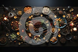 High Angle View of Grilled Meal of Steak, Chicken and Vegetables Spread Out on Rustic Wooden Table at a diner Party