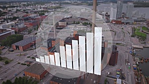 High angle view of heating plant in industrial urban borough. Business charts and computer graphics. Helsinki, Finland