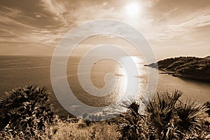 High angle view island and sea at Laem Phromthep on sepia color tone