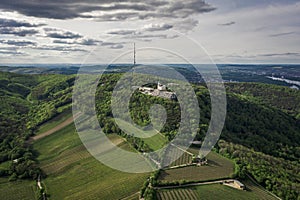 Aerial drone shot of Kahlenberg collin with st. joseph church outside Vienna, Austria photo