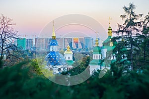 A high-angle view of the Kiev-Pechersk Lavras architecture and surroundings is presented in an iconic stock illustration photo