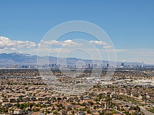 High angle view of the Las Vegas strip skyline and cityscape