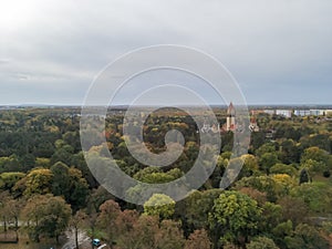 High angle view of Leipzig city in Germany. Panorama of the greenery during autumn season