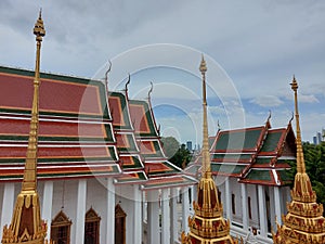 High angle view of Loha Prasat metal castle Wat Ratchanatda in Bangkok, Thailand.