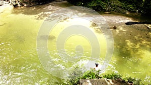 High Angle View Of Man Diving Into Lake At Forest