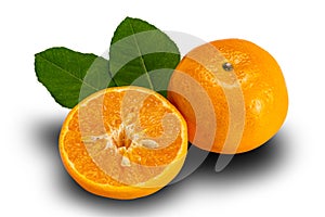 High angle view of mandarin orange or Citrus reticulata a whole and a half with leaves on white background