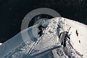 high angle view of men skiers with backpacks and ski equipment walking on snowy ridge