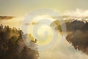 High angle view of misty lake and pines at sunrise in the boundary waters of Minnesota