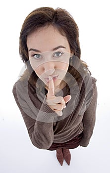 High angle view of model shushing