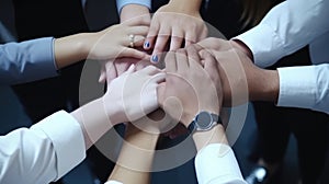 High Angle View Of Multiracial collegues Stacking Hand Together. Unity, teamwork, support, and collaboration
